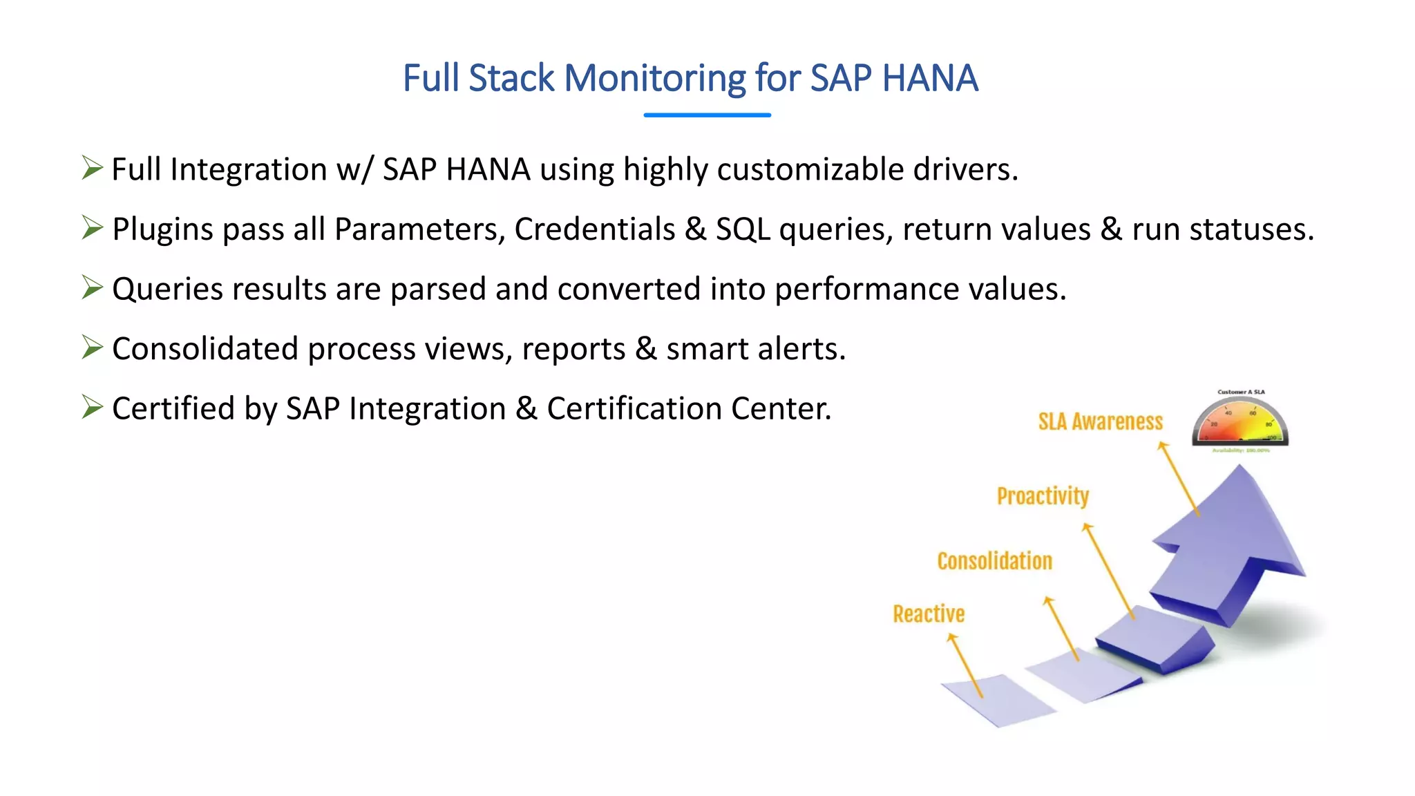 Full Integration w/ SAP HANA using highly customizable drivers.
Plugins pass all Parameters, Credentials & SQL queries, return values & run statuses.
Queries results are parsed and converted into performance values.
Consolidated process views, reports & smart alerts.
Certified by SAP Integration & Certification Center.
Full Stack Monitoring for SAP HANA
 