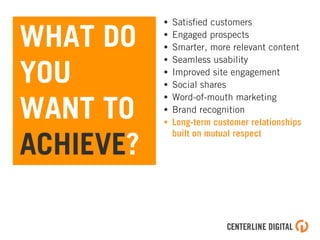 WHAT DO
YOU
WANT TO
ACHIEVE?
• Satisﬁed customers
• Engaged prospects
• Smarter, more relevant content
• Seamless usability
• Improved site engagement
• Social shares
• Word-of-mouth marketing
• Brand recognition
• Long-term customer relationships
built on mutual respect
 