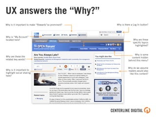 Why is “My Account”
located here? Why are these
speciﬁc topics
highlighted?
Why is it important to
highlight social sharing
here?
Why are these the
related key words?
Why is some
content hidden
behind this menu?
UX answers the “Why?”
Why is there a Log In button?Why is it important to make “Rewards”so prominent?
Why do we assume
readers would also
like this content?
 