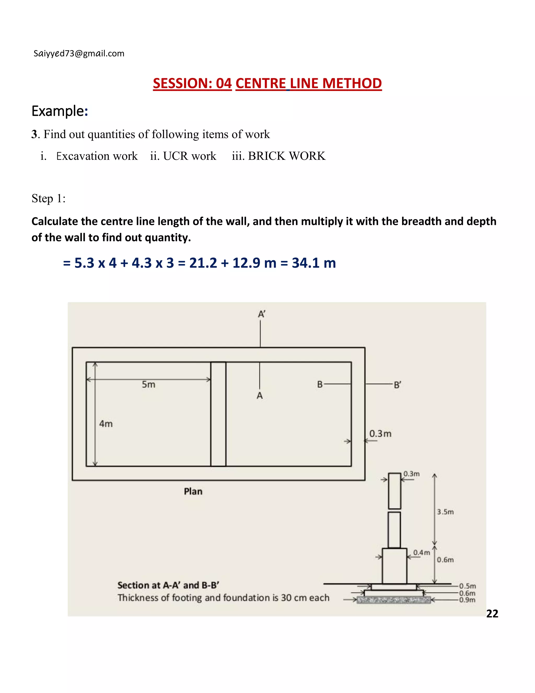 Saiyyed73@gmail.com
SESSION: 04 CENTRE LINE METHOD
Example:
3. Find out quantities of following items of work
i. Excavation work ii. UCR work iii. BRICK WORK
Step 1:
Calculate the centre line length of the wall, and then multiply it with the breadth and depth
of the wall to find out quantity.
= 5.3 x 4 + 4.3 x 3 = 21.2 + 12.9 m = 34.1 m
22