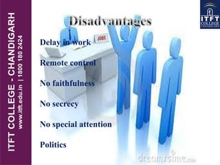 Delay in work
Remote control
No faithfulness
No secrecy
No special attention
Politics
 