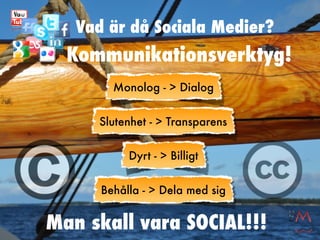Vad är då Sociala Medier?
  Kommunikationsverktyg!
        Monolog - > Dialog


     Slutenhet - > Transparens


         ...