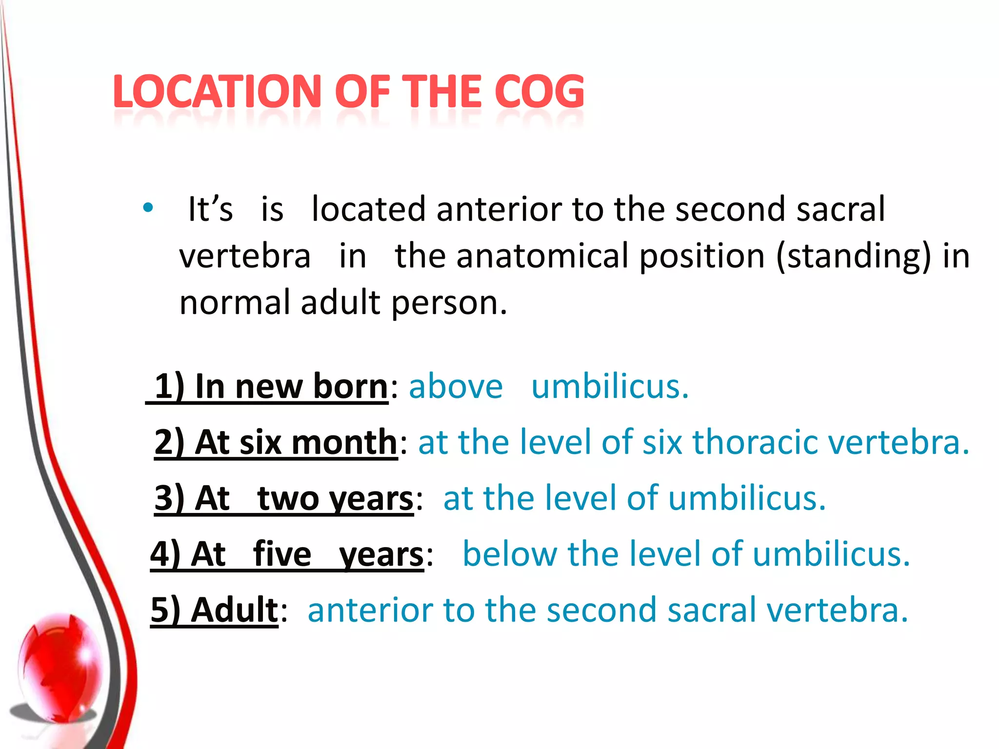 • It’s is located anterior to the second sacral
  vertebra in the anatomical position (standing) in
  normal adult person.

1) In new born: above umbilicus.
2) At six month: at the level of six thoracic vertebra.
3) At two years: at the level of umbilicus.
4) At five years: below the level of umbilicus.
5) Adult: anterior to the second sacral vertebra.
 