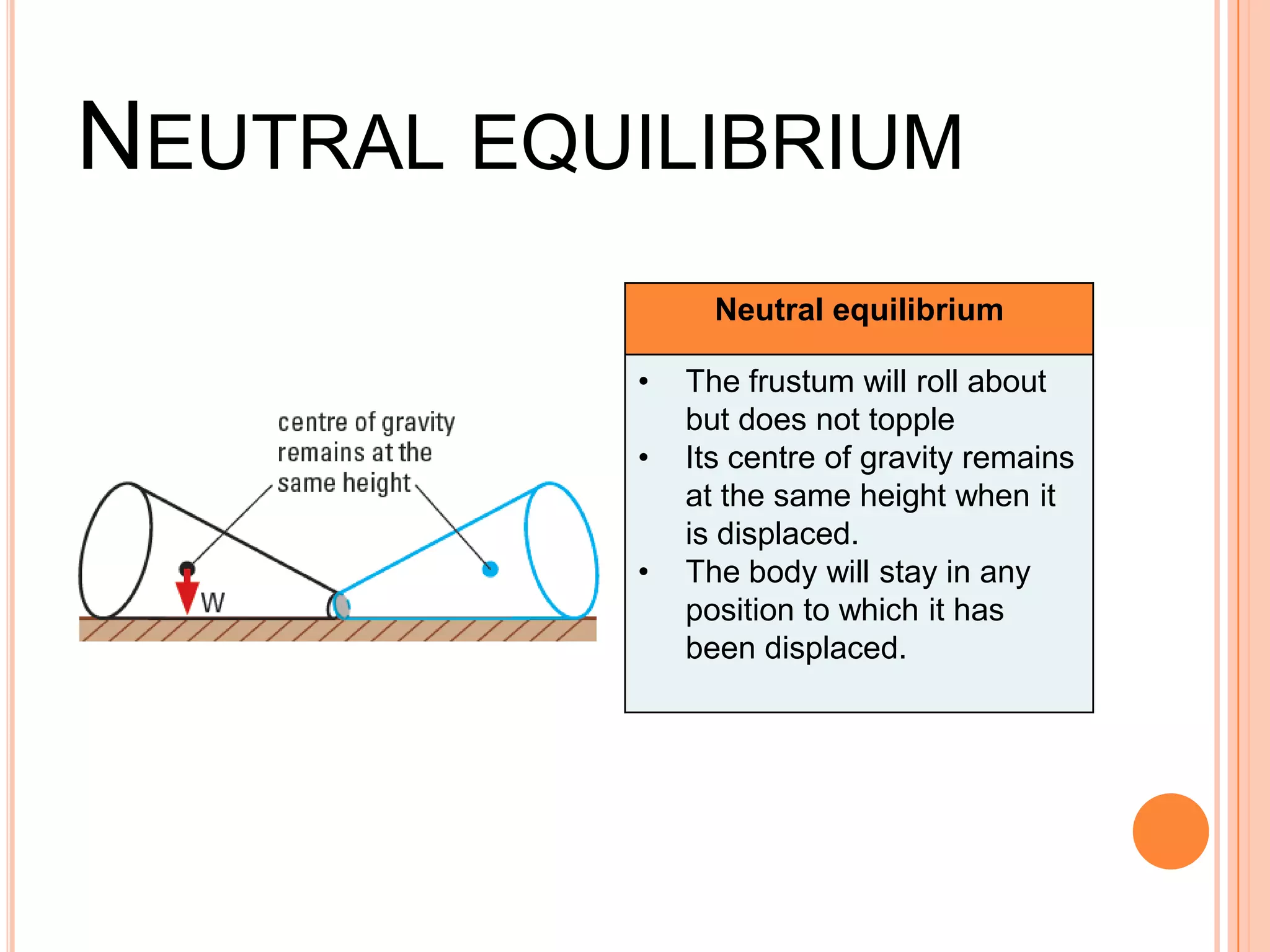 NEUTRAL EQUILIBRIUM
Neutral equilibrium
• The frustum will roll about
but does not topple
• Its centre of gravity remains
at the same height when it
is displaced.
• The body will stay in any
position to which it has
been displaced.
 