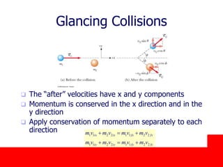 October 24, 2019
Glancing Collisions
 The “after” velocities have x and y components
 Momentum is conserved in the x direction and in the
y direction
 Apply conservation of momentum separately to each
direction
fyfyiyiy
fxfxixix
vmvmvmvm
vmvmvmvm
22112211
22112211


 