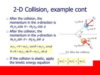 October 24, 2019
2-D Collision, example cont
 After the collision, the
momentum in the x-direction is
m1v1f cos q  m2v2f cos f
 After the collision, the
momentum in the y-direction is
m1v1f sin q  m2v2f sin f
 If the collision is elastic, apply
the kinetic energy equation
fq
fq
sinsin00
coscos0
2211
221111
ff
ffi
vmvm
vmvmvm


2
22
2
11
2
11
2
1
2
1
2
1
ffi vmvmvm 
 