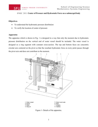 School of Engineering Science
Mechatronics Systems Engineering
E N S C 2 8 3 : Center of Pressure and Hydrostatic Force on a submerged body

Objectives
•

To understand the hydrostatic pressure distribution

•

To verify the location of center of pressure

Apparatus
The apparatus which is shown in Fig. 1 is designed in a way that only the moment due to hydrostatic
pressure distribution on the vertical end of water vessel should be included. The water vessel is
designed as a ring segment with constant cross-section. The top and bottom faces are concentric
circular arcs centered on the pivot so that the resultant hydrostatic force at every point passes through
the pivot axis and does not contribute to the moment.

Figure 1- Details of the apparatus.

1

 