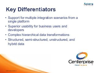 ©2014 Astera Software
•  Support for multiple integration scenarios from a
single platform
•  Superior usability for business users and
developers
•  Complex hierarchical data transformations
•  Structured, semi-structured, unstructured, and
hybrid data
 