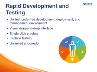©2014 Astera Software
“Centerprise has served our company significant programming time and resources. With
our former tool we would have had to build complicated SSIS packages to transform
huge amounts of disparate incoming data.”
-Raymond James Financial Services
“ Centerprise met all our criteria for high development productivity, excellent
performance, workflow design, and process automation”
-Vanderbilt University
“Centerprise ETL suits our needs perfectly. It has all the functionality we need, it is easy
to use, keeps the data together so it can be centrally managed, and it is the most cost
effective.”
-City of Lodi, CA
“Overall, the project met and surpassed all of its goals, including major productivity
increases, considerably shorter lead time to integrate new business partners, and
improved data quality.”
-Wells Fargo Home Loans
 