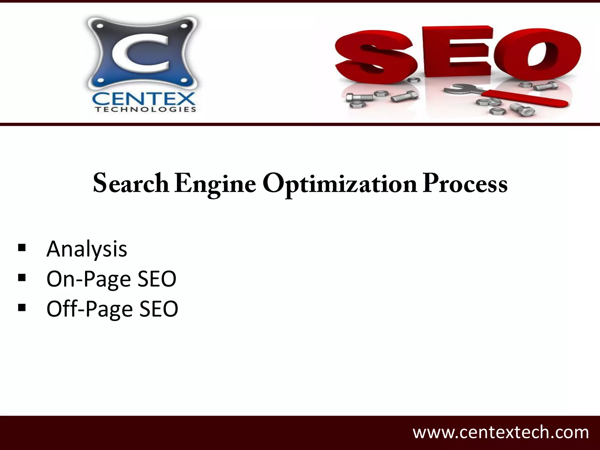  Analysis
On-Page SEO
Off-Page SEO
www.centextech.com