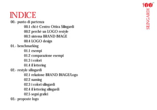 SILINGARDI
INDICE
00.- punto di partenza
         00.1 chi è Centro Ottica Silingardi
         00.2 perchè un LOGO restyle
         00.3 sistema BRAND IMAGE
         00.4 LOGO design
01.- benchmarking
         01.1 esempi
         01.2 comparazione esempi
         01.3 i colori
         01.4 il lettering
02.- restyle silingardi
         02.1 relazione BRAND IMAGE/Logo
         02.2 naming
         02.3 i colori silingardi
         02.4 il lettering silingardi
         02.5 segni grafici
03.- proposte logo
 