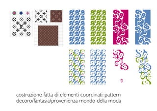 costruzione fatta di elementi coordinati: pattern
decoro/fantasia/provenienza mondo della moda
 