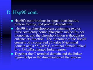 D. Hsp90 cont.
 Hsp90’s contributions in signal transduction,
protein folding, and protein degradation.
 Hsp90 is a phosphoprotein containing two or
three covalently bound phosphate molecules per
monomer, and the phosphorylation is thought to
enhance its function. The monomer of the Hsp90
consists of a conserved 25-kaDa N-terminal
domain and a 55-kaDa C-terminal domain linked
by a 35-kaDa charged linker region.
 Together the C-terminal domain and the linker
region helps in the dimerization of the protein
 