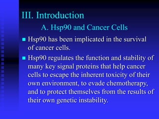 III. Introduction
A. Hsp90 and Cancer Cells
 Hsp90 has been implicated in the survival
of cancer cells.
 Hsp90 regulates the function and stability of
many key signal proteins that help cancer
cells to escape the inherent toxicity of their
own environment, to evade chemotherapy,
and to protect themselves from the results of
their own genetic instability.
 