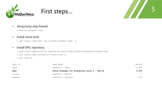5
• Temporarily stop firewall
% service iptables stop
• Install some tools
% yum install sudo perl ntp crontabs sendmail wget –y
• Install EPEL repository
% wget http://fedora.mirror.nexicom.net/epel/6/x86_64/epel-release-6-8.noarch.rpm
% yum install epel-release-6-8.noarch.rpm -y
% yum repolist
...
repo id repo name status
base CentOS-6 - Base 6,346
epel Extra Packages for Enterprise Linux 6 - x86_64 8,029
extras CentOS-6 - Extras 6
updates CentOS-6 - Updates 820
First steps…
 