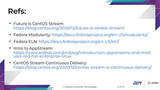 © Abyres Enterprise Technologies 14 of 15
Refs:
●
Future Is CentOS Stream:
https://blog.centos.org/2020/12/future-is-cento...