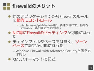 firewalldΥå
? Υץꥱ`󤫤FirewallΥ`
ӵĤ˥ȥ`
? iptables-save/iptables-loadϡҪϤ鷺ӵĤ
Firewall`ΉǤʤ
? NICFirewallΥåƥ󥰤ܤˤʤ

? ե륿٩`Ǥϟo`
٩`Oܤˤʤä
C Windows Firewall with Advanced Securityȿ
ͬ
? XMLե`ޥåȤӛ
19
 