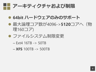 `ƥ㤪
? 64bit ϩ`ɥΤߤΥݩ`
? Փ4096->5120أ
160)
? ե륷ƥމ
C Ext4 16TB -> 50TB
C XFS 100TB -> 500TB
4
 