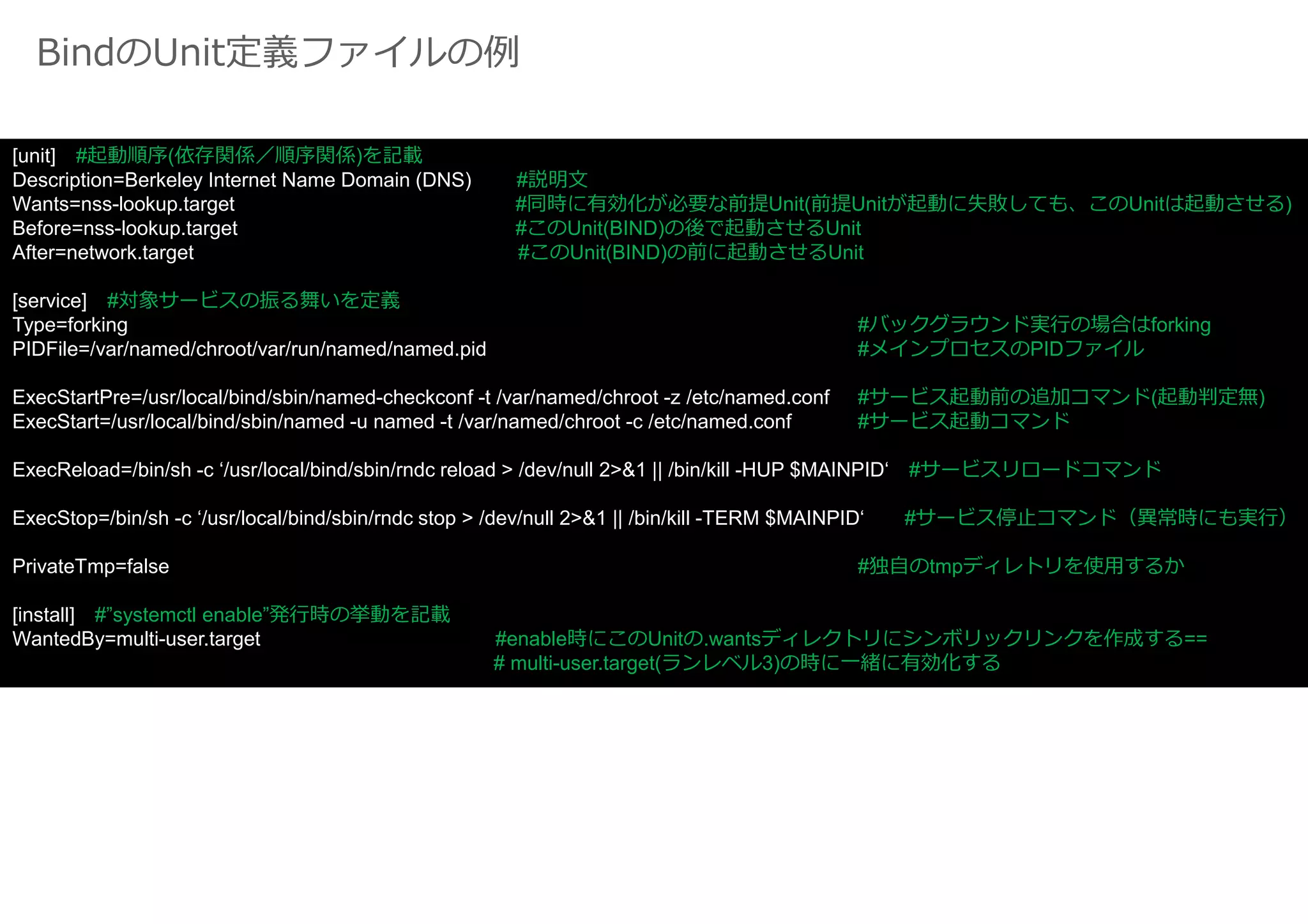 BindのUnit定義ファイルの例
[unit] #起動順序(依存関係／順序関係)を記載
Description=Berkeley Internet Name Domain (DNS) #説明文
Wants=nss-lookup.target #同時に有効化が必要な前提Unit(前提Unitが起動に失敗しても、このUnitは起動させる)
Before=nss-lookup.target #このUnit(BIND)の後で起動させるUnit
After=network.target #このUnit(BIND)の前に起動させるUnit
[service] #対象サービスの振る舞いを定義
Type=forking #バックグラウンド実⾏の場合はforking
PIDFile=/var/named/chroot/var/run/named/named.pid #メインプロセスのPIDファイル
ExecStartPre=/usr/local/bind/sbin/named-checkconf -t /var/named/chroot -z /etc/named.conf #サービス起動前の追加コマンド(起動判定無)
ExecStart=/usr/local/bind/sbin/named -u named -t /var/named/chroot -c /etc/named.conf #サービス起動コマンド
ExecReload=/bin/sh -c ‘/usr/local/bind/sbin/rndc reload > /dev/null 2>&1 || /bin/kill -HUP $MAINPID‘ #サービスリロードコマンド
ExecStop=/bin/sh -c ‘/usr/local/bind/sbin/rndc stop > /dev/null 2>&1 || /bin/kill -TERM $MAINPID‘ #サービス停止コマンド（異常時にも実⾏）
PrivateTmp=false #独自のtmpディレトリを使用するか
[install] #”systemctl enable”発⾏時の挙動を記載
WantedBy=multi-user.target #enable時にこのUnitの.wantsディレクトリにシンボリックリンクを作成する==
# multi-user.target(ランレベル3)の時に一緒に有効化する
 