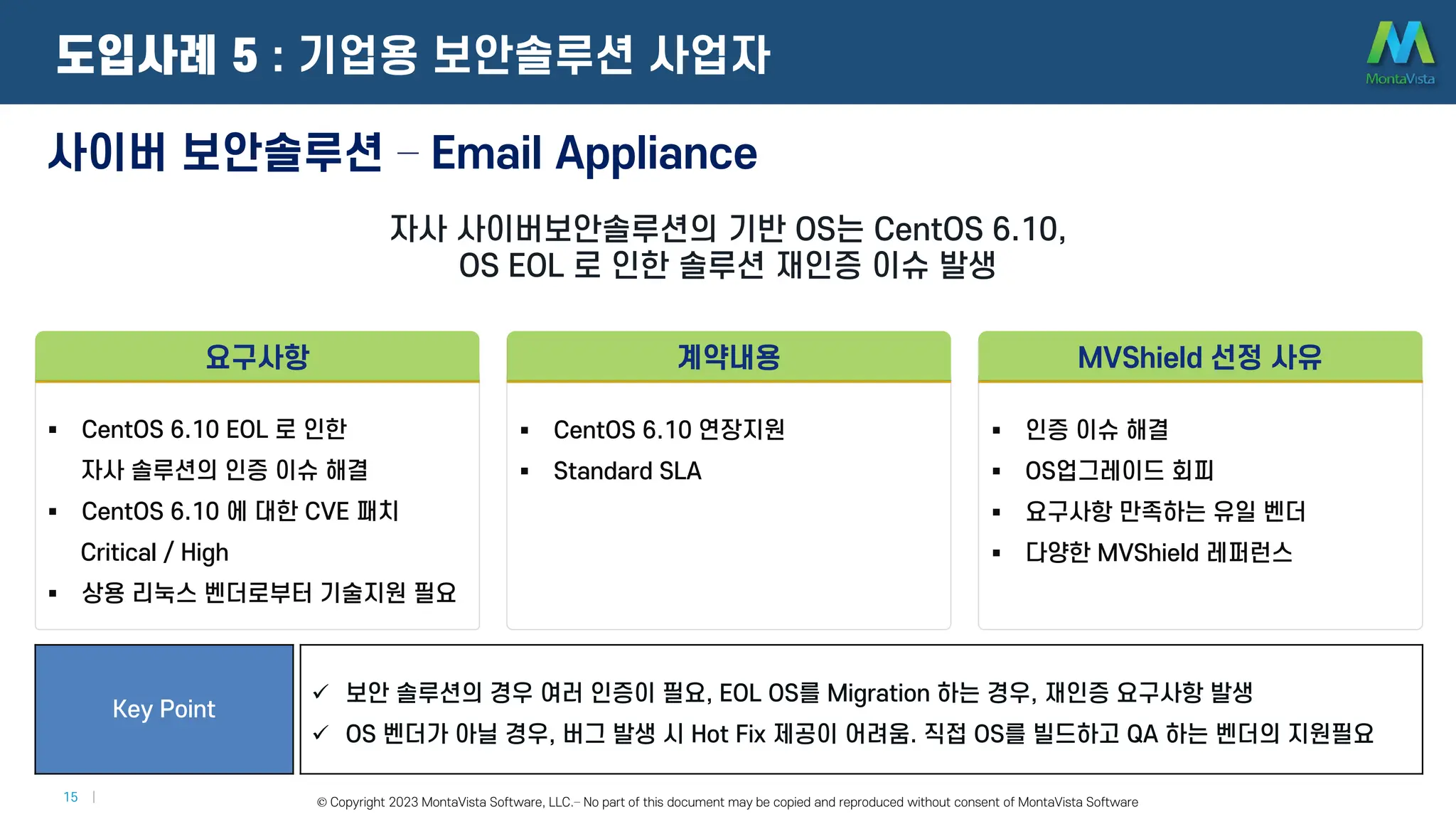© 2016 MontaVista Software, LLC.– Confidential and Proprietary Information
15 | © Copyright 2023 MontaVista Software, LLC.– No part of this document may be copied and reproduced without consent of MontaVista Software
사이버 보안솔루션 – Email Appliance
자사 사이버보안솔루션의 기반 OS는 CentOS 6.10,
OS EOL 로 인한 솔루션 재인증 이슈 발생
Key Point
 보안 솔루션의 경우 여러 인증이 필요, EOL OS를 Migration 하는 경우, 재인증 요구사항 발생
 OS 벤더가 아닐 경우, 버그 발생 시 Hot Fix 제공이 어려움. 직접 OS를 빌드하고 QA 하는 벤더의 지원필요
도입사례 5 : 기업용 보안솔루션 사업자
 CentOS 6.10 EOL 로 인한
자사 솔루션의 인증 이슈 해결
 CentOS 6.10 에 대한 CVE 패치
Critical / High
 상용 리눅스 벤더로부터 기술지원 필요
요구사항
 CentOS 6.10 연장지원
 Standard SLA
계약내용
 인증 이슈 해결
 OS업그레이드 회피
 요구사항 만족하는 유일 벤더
 다양한 MVShield 레퍼런스
MVShield 선정 사유
 