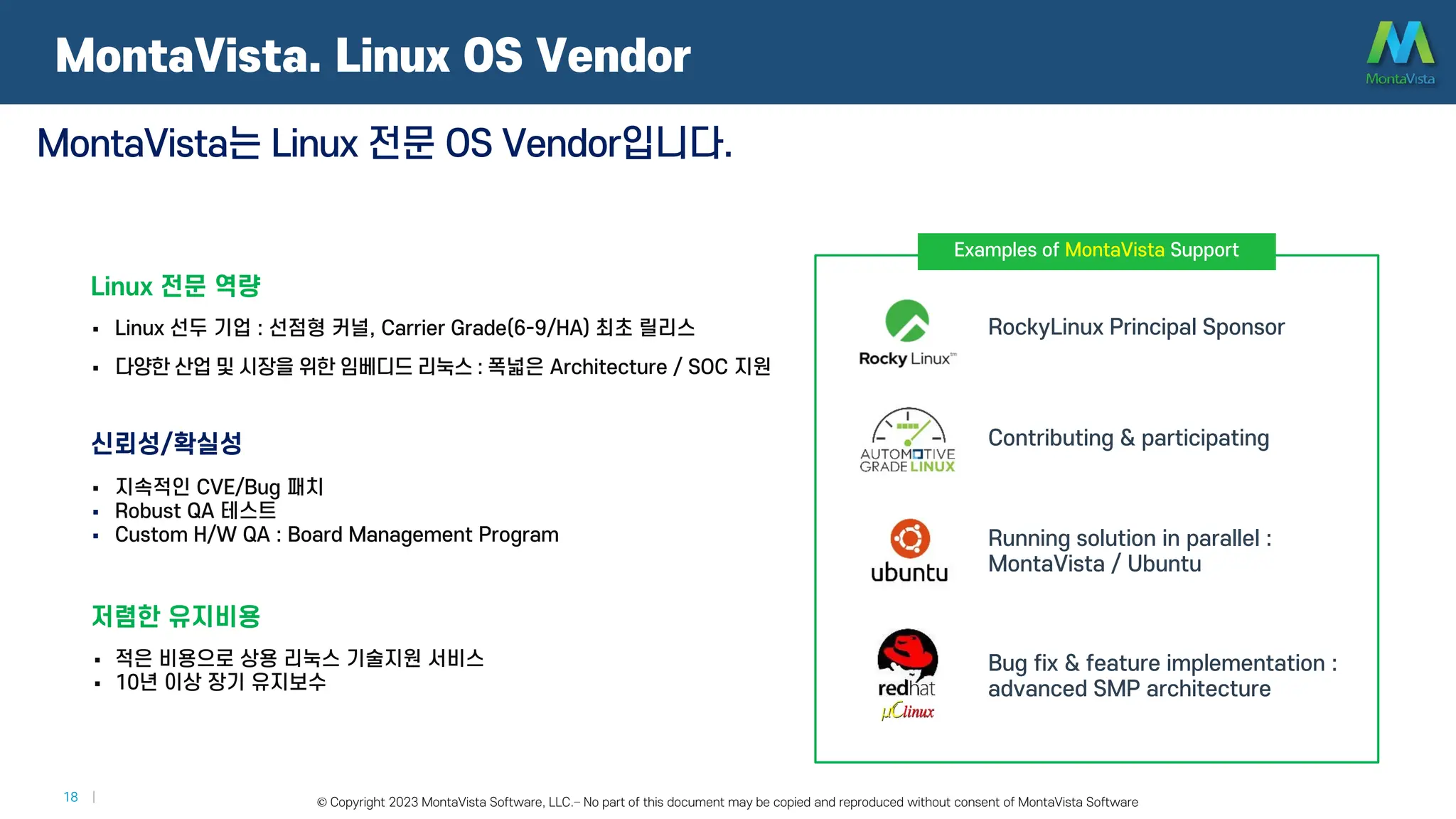 © 2016 MontaVista Software, LLC.– Confidential and Proprietary Information
18 | © Copyright 2023 MontaVista Software, LLC.– No part of this document may be copied and reproduced without consent of MontaVista Software
Linux 전문 역량
 Linux 선두 기업 : 선점형 커널, Carrier Grade(6-9/HA) 최초 릴리스
 다양한 산업 및 시장을 위한 임베디드 리눅스 : 폭넓은 Architecture / SOC 지원
신뢰성/확실성
 지속적인 CVE/Bug 패치
 Robust QA 테스트
 Custom H/W QA : Board Management Program
저렴한 유지비용
 적은 비용으로 상용 리눅스 기술지원 서비스
 10년 이상 장기 유지보수
MontaVista는 Linux 전문 OS Vendor입니다.
Examples of MontaVista Support
RockyLinux Principal Sponsor
Contributing & participating
Running solution in parallel :
MontaVista / Ubuntu
Bug fix & feature implementation :
advanced SMP architecture
MontaVista. Linux OS Vendor
 