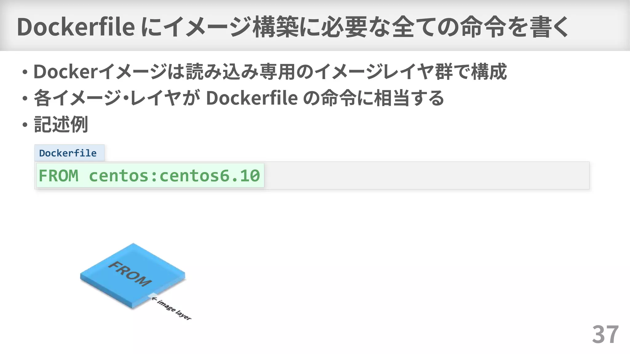 Dockerfile
Dockerfile にイメージ構築に必要な全ての命令を書く
• Ｄockerイメージは読み込み専用のイメージレイヤ群で構成
• 各イメージ・レイヤが Dockerfile の命令に相当する
• 記述例
37
FROM centos:centos6.10
 