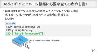 Dockerfile
Dockerfile にイメージ構築に必要な全ての命令を書く
• Ｄockerイメージは読み込み専用のイメージレイヤ群で構成
• 各イメージ・レイヤが Dockerfile の命令に相当する
• 記述例
39
FROM centos:centos6.10
RUN yum update –y
CMD [“httpd-foreground”]
レイヤは親子関係を持ち、依存・参照
 