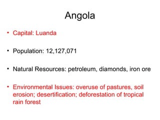 Angola Capital: Luanda Population: 12,127,071  Natural Resources: petroleum, diamonds, iron ore Environmental Issues: overuse of pastures, soil erosion; desertification; deforestation of tropical rain forest   