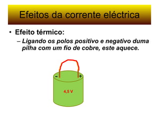 Efeitos da corrente eléctrica Efeito térmico: Ligando os polos positivo e negativo duma pilha com um fio de cobre, este aquece. 4,5 V + - 