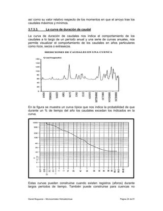 así como su valor relativo respecto de los momentos en que el arroyo trae los
caudales máximos y mínimos.

3.7.3.3.           La curva de duración de caudal

La curva de duración de caudales nos indica el comportamiento de los
caudales a lo largo de un período anual y una serie de curvas anuales, nos
permite visualizar el comportamiento de los caudales en años particulares
como ricos, secos o extrasecos.




En la figura se muestra un curva típica que nos indica la probabilidad de que
durante un % de tiempo del año los caudales excedan los indicados en la
curva.




Estas curvas pueden construirse cuando existen registros (aforos) durante
largos períodos de tiempo. También puede construirse para cuencas no



Daniel Muguerza – Microcentrales Hidroeléctricas                  Página 24 de 81
 