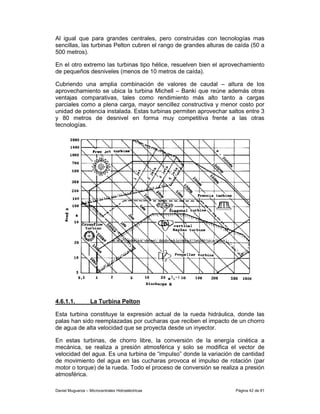 Al igual que para grandes centrales, pero construidas con tecnologías mas
sencillas, las turbinas Pelton cubren el rango de grandes alturas de caída (50 a
500 metros).

En el otro extremo las turbinas tipo hélice, resuelven bien el aprovechamiento
de pequeños desniveles (menos de 10 metros de caída).

Cubriendo una amplia combinación de valores de caudal – altura de los
aprovechamiento se ubica la turbina Michell – Banki que reúne además otras
ventajas comparativas, tales como rendimiento más alto tanto a cargas
parciales como a plena carga, mayor sencillez constructiva y menor costo por
unidad de potencia instalada. Estas turbinas permiten aprovechar saltos entre 3
y 80 metros de desnivel en forma muy competitiva frente a las otras
tecnologías.




4.6.1.1.           La Turbina Pelton

Esta turbina constituye la expresión actual de la rueda hidráulica, donde las
palas han sido reemplazadas por cucharas que reciben el impacto de un chorro
de agua de alta velocidad que se proyecta desde un inyector.

En estas turbinas, de chorro libre, la conversión de la energía cinética a
mecánica, se realiza a presión atmosférica y solo se modifica el vector de
velocidad del agua. Es una turbina de “impulso” donde la variación de cantidad
de movimiento del agua en las cucharas provoca el impulso de rotación (par
motor o torque) de la rueda. Todo el proceso de conversión se realiza a presión
atmosférica.

Daniel Muguerza – Microcentrales Hidroeléctricas                     Página 42 de 81
 