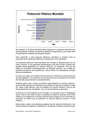 Potencial Hídrico Mundial
               Potencial Total Aprovechable                                                       2212000

                                      Asia                     610000

                           América del Sur                 430000
    Regiones




                                     Africa               358000

                         América del Norte                356000

                                     URSS             250000

                                    Europa          163000

                                   Oceanía        45000

                                              0           500000    1000000   1500000   2000000     2500000

                                                                          MW


No obstante, si la oferta hidráulica debe integrarse en sistemas eléctricos que
operan grandes módulos de potencia, debemos preguntarnos ¿que papel cabe
a la generación hidráulica de pequeña escala?.

Para responder a esta pregunta debemos considerar la relación entre el
desarrollo de los sistemas eléctricos y la distribución de la población.

Los sistemas eléctricos interconectados han resuelto el abastecimiento de los
centro urbanos y han penetrado parcialmente en las área rurales. Quedan aún
grandes áreas geográficas sin servicio eléctrico y la población rural que las
habita se encuentra mayoritariamente en situación precaria, con niveles de
actividad económica de subsistencia y altos índices de necesidades sociales
básicas insatisfechas.

Es decir que existe una relación directa entre los condiciones socioeconómicas
de esta población y la ausencia de una demanda que se exprese en términos
de mercado para promover su abastecimiento.

América Latina, Asia y Africa concentran esta población sin servicio eléctrico.
De los 6.000 millones de habitantes que poblaban el planeta al finalizar el siglo
XX, había 2.000 millones, que no contaban con servicio eléctrico. Hoy en día
las proporciones son semejantes, con una leve tendencia a agravarse.

Si ésta es la cruda realidad de fin de siglo, es mas grave aún la perspectiva
futura. Para el año 2020 cuando la población mundial se acerque a los 9.000
millones, si los gobiernos no toman acciones para corregir lo que el mercado no
resolverá, se estima que la población sin servicio eléctrico crecerá a 4.000
millones.

Estas áreas rurales con pobladores alejados de las redes de distribución, con
requerimientos energéticos insatisfechos, constituyen el ámbito principal donde


Daniel Muguerza – Microcentrales Hidroeléctricas                                                  Página 5 de 81
 