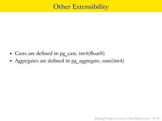 Other Extensibility
◮ Casts are deﬁned in pg_cast, int4(ﬂoat8)
◮ Aggregates are deﬁned in pg_aggregate, sum(int4)
Making Postgres Central in Your Data Center 14 / 38
 