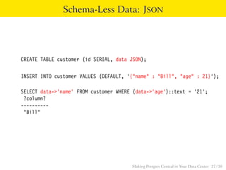 Schema-Less Data: JSON
CREATE TABLE customer (id SERIAL, data JSON);
INSERT INTO customer VALUES (DEFAULT, ’{"name" : "Bill", "age" : 21}’);
SELECT data->’name’ FROM customer WHERE (data->’age’)::text = ’21’;
?column?
----------
"Bill"
Making Postgres Central in Your Data Center 27 / 38
 