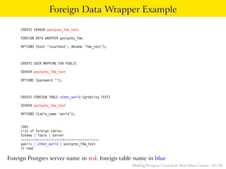 Foreign Data Wrapper Example
CREATE SERVER postgres_fdw_test
FOREIGN DATA WRAPPER postgres_fdw
OPTIONS (host ’localhost’, dbname ’fdw_test’);
CREATE USER MAPPING FOR PUBLIC
SERVER postgres_fdw_test
OPTIONS (password ’’);
CREATE FOREIGN TABLE other_world (greeting TEXT)
SERVER postgres_fdw_test
OPTIONS (table_name ’world’);
det
List of foreign tables
Schema | Table | Server
--------+-------------+-------------------
public | other_world | postgres_fdw_test
(1 row)
Foreign Postgres server name in red; foreign table name in blue
Making Postgres Central in Your Data Center 34 / 38
 