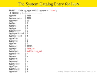 The System Catalog Entry for ISBN
SELECT * FROM pg_type WHERE typname = ’isbn’;
-[ RECORD 1 ]--+---------------
typname | isbn
typnamespace | 2200
typowner | 10
typlen | 8
typbyval | t
typtype | b
typcategory | U
typispreferred | f
typisdefined | t
typdelim | ,
typrelid | 0
typelem | 0
typarray | 16405
typinput | isbn_in
typoutput | public.isn_out
typreceive | -
typsend | -
typmodin | -
typmodout | -
typanalyze | -
typalign | d
typstorage | p
typnotnull | f Making Postgres Central in Your Data Center 8 / 38
 