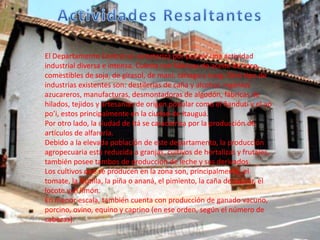 El Departamento Central se caracteriza por poseer una actividad
industrial diversa e intensa. Cuenta con fábricas de aceite de coco,
comestibles de soja, de girasol, de maní, tártago y tung. Otro tipo de
industrias existentes son: destilerías de caña y alcohol, ingenios
azucareros, manufacturas, desmontadoras de algodón, fábricas de
hilados, tejidos y artesanías de origen popular como el ñandutí y el ao
po’i, estos principalmente en la ciudad de Itauguá.
Por otro lado, la ciudad de Itá se caracteriza por la producción de
artículos de alfarería.
Debido a la elevada población de este departamento, la producción
agropecuaria está reducida a granjas, cultivos de hortalizas y frutales,
también posee tambos de producción de leche y sus derivados.
Los cultivos que se producen en la zona son, principalmente, el
tomate, la frutilla, la piña o ananá, el pimiento, la caña de azúcar, el
locote y el limón.
En menor escala, también cuenta con producción de ganado vacuno,
porcino, ovino, equino y caprino (en ese orden, según el número de
cabezas).
 
