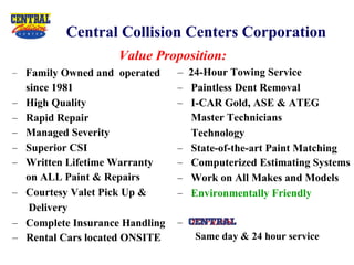 Central Collision Centers Corporation Family Owned and  operated  since 1981 High Quality Rapid Repair   Managed Severity Superior CSI  Written Lifetime Warranty on ALL Paint & Repairs Courtesy Valet Pick Up &  Delivery Complete Insurance Handling Rental Cars located ONSITE 24-Hour Towing Service   Paintless Dent Removal I-CAR Gold, ASE & ATEG  Master Technicians Technology State-of-the-art Paint Matching  Computerized Estimating Systems   Work on All Makes and Models Environmentally Friendly EXPRESS   Same day & 24 hour service Value Proposition: 