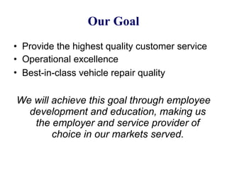 Our Goal Provide the highest quality customer service Operational excellence  Best-in-class vehicle repair quality   We will achieve this goal through employee development and education, making us the employer and service provider of choice in our markets served. 