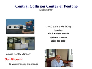 Central Collision Center of Peotone Established 1981   ` 12,000 square foot facility Location : 216 S. Harlem Avenue Peotone, IL 60468 (708) 258-6997 Peotone Facility Manager: Dan Bloechl - 28 years industry experience 
