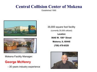 Central Collision Center of Mokena Established 1995   ` Mokena Facility Manager: George McHenry - 30 years industry experience 35,000 square foot facility (currently 20,000 utilized) Location : 9646 W. 196 th  Street Mokena, IL 60448 (708) 478-6520 