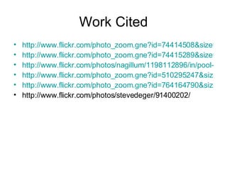 Work Cited http://www.flickr.com/photo_zoom.gne?id=74414508&size=m http://www.flickr.com/photo_zoom.gne?id=74415289&size=m&context=set-1597430 http://www.flickr.com/photos/nagillum/1198112896/in/pool-greatland/ http://www.flickr.com/photo_zoom.gne?id=510295247&size=o http://www.flickr.com/photo_zoom.gne?id=764164790&size=o http://www.flickr.com/photos/stevedeger/91400202/