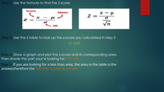 Step 2: Use the formula to find the Z-score
Step 3: Use the Z-table to look up the z-score you calculated in step 2
Z= -0.40
Step 4: Draw a graph and plot the z-score and its corresponding area.
Then shade the part your’e looking for: P(X
̄ <43).
Step 5: If you are looking for a less than area, the area in the table is the
answer,therefore the P(X
̄ <43)= 0.3446 or 34.46%
 