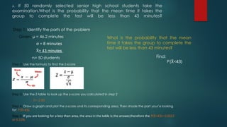 A. If 50 randomly selected senior high school students take the
examination.What is the probability that the mean time it takes the
group to complete the test will be less than 43 minutes?
Step 1: Identify the parts of the problem
Given: µ = 46.2 minutes
σ = 8 minutes
X
̄ = 43 minutes
n= 50 students
Step 2: Use the formula to find the Z-score
Step 3: Use the Z-table to look up the z-score you calculated in step 2
Z= -2.83
Step 4: Draw a graph and plot the z-score and its corresponding area. Then shade the part your’e looking
for: P(X
̄ <43).
Step 5: If you are looking for a less than area, the area in the table is the answer,therefore the P(X
̄ <43)= 0.0023
or 0.23%
What is the probability that the mean
time it takes the group to complete the
test will be less than 43 minutes?
Find:
P(X
̄ <43)
 