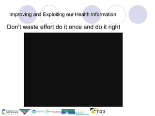 Improving and Exploiting our Health Information Don’t waste effort do it once and do it right 