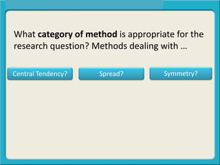 What category of method is appropriate for the
research question? Methods dealing with …
Central Tendency? Spread? Symmetry?
 