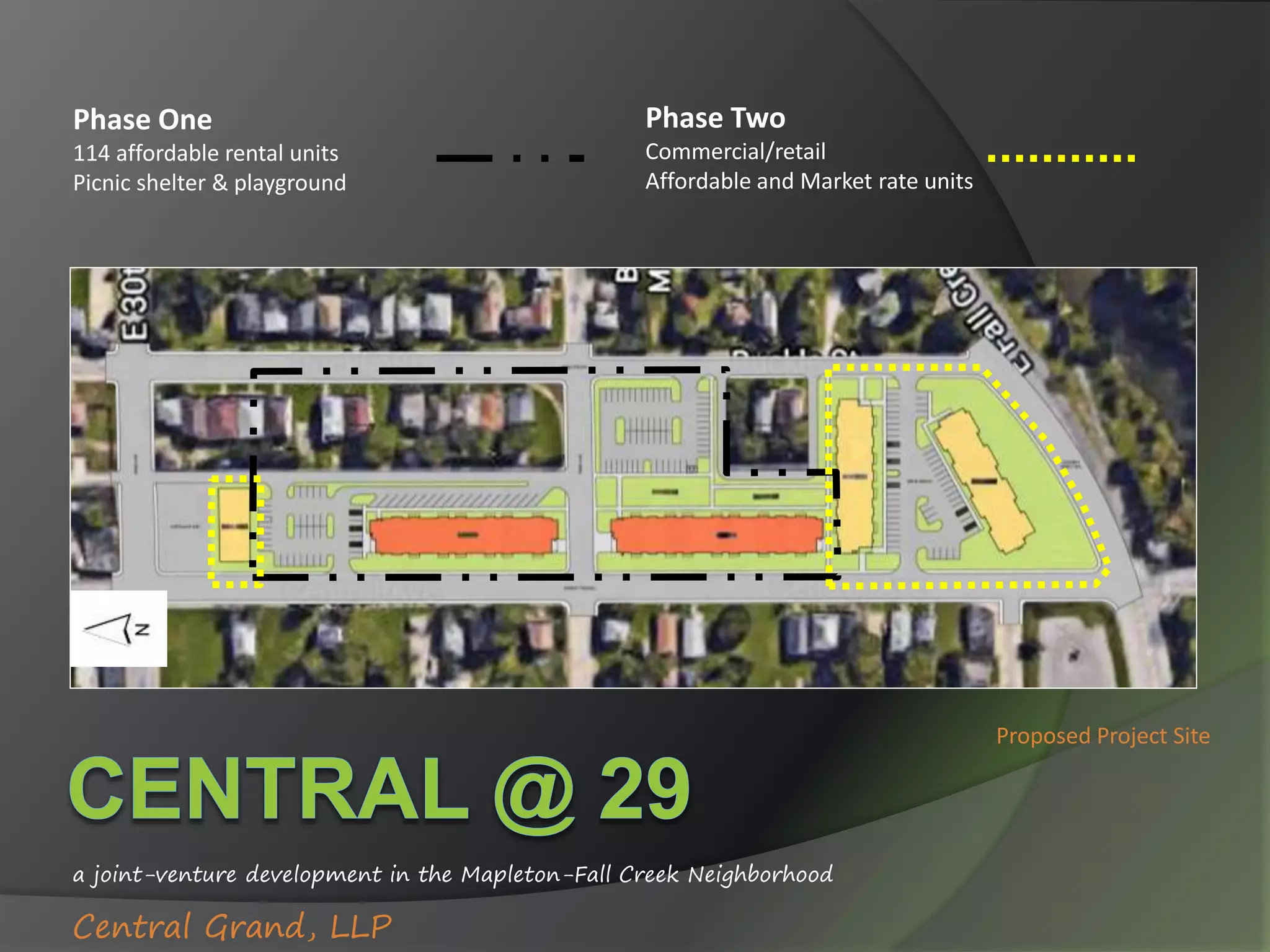 a joint-venture development in the Mapleton-Fall Creek Neighborhood
Central Grand, LLP
Proposed Project Site
Phase One
114 affordable rental units
Picnic shelter & playground
Phase Two
Commercial/retail
Affordable and Market rate units
 
