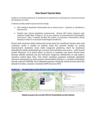 Vize Smart Tourist Data

Uvádí se, že všechny informace, ať prostorové či neprostorové, relevantní pro cestovní ruch jsou
již k dispozici na webu.
V oblasti turistiky můžeme pozorovat dva trendy:
•

•

Sběr lokálních detailních udržovaných dat na místní úrovni – přednost je aktuálnost a
přesnost dat.

Globální data sbíraná globálními poskytovateli. Existují dílčí řešení nabízená např.
službami Google Maps a Mapy.cz, ale ty jsou založeny na proprietárních technologiích,
ruční práci s daty, a zdaleka nenabízí šíři služeb a provázanost informačních zdrojů,
kterých je možné se současnými technologiemi dosáhnout.

Dosud však neexistuje žádný sjednocující prvek, který by umožňoval všechna data najít
souhrnně, rychle a snadno na jednom místě bez nutnosti hledání na mnoha
internetových stránkách. Zcela chybí integrační platforma, která by kombinací
jednotlivých služeb využitelných pro cestovní ruch vytvářela zcela novou – vyšší úroveň
využití informací. To je právě oblast, na kterou se zaměřuje vize Smart Tourist Data.
Existuje několik možností, jak tyto informace integrovat. Ppředevším se však jedná o
iniciativu Linked Open Data. Toto řešení umožňuje propojení prakticky jakýchkoli
informací dostupných na webu pomocí sémantického přístupu a v souladu technickými
návody směrnice INSPIRE, která důkladně popisuje standardy služeb prostorových dat,
datových struktur, metadat a standardu RDF konsorcia W3C.

Ukázka propojení dat z portálu NISA GO do globálního portálu Habitats

 