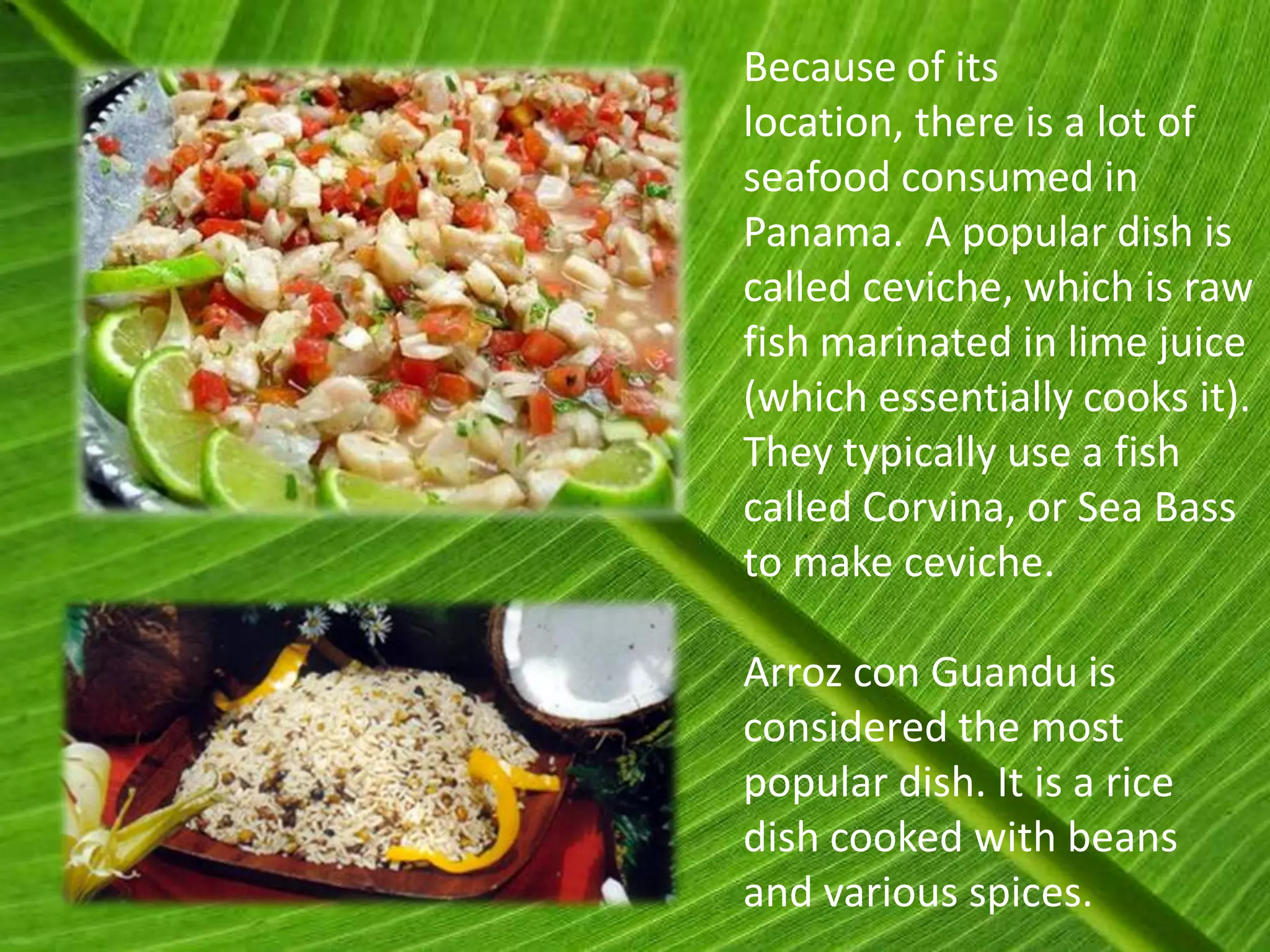 Because of its
location, there is a lot of
seafood consumed in
Panama. A popular dish is
called ceviche, which is raw
fish marinated in lime juice
(which essentially cooks it).
They typically use a fish
called Corvina, or Sea Bass
to make ceviche.

Arroz con Guandu is
considered the most
popular dish. It is a rice
dish cooked with beans
and various spices.
 
