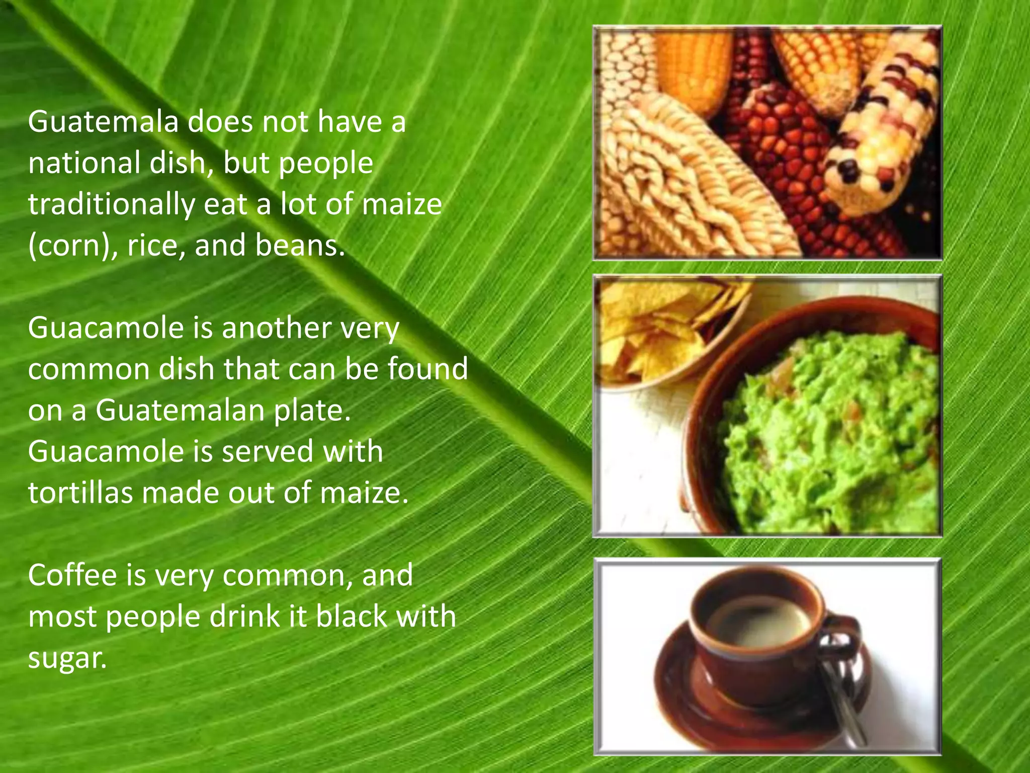 Guatemala does not have a
national dish, but people
traditionally eat a lot of maize
(corn), rice, and beans.

Guacamole is another very
common dish that can be found
on a Guatemalan plate.
Guacamole is served with
tortillas made out of maize.

Coffee is very common, and
most people drink it black with
sugar.
 